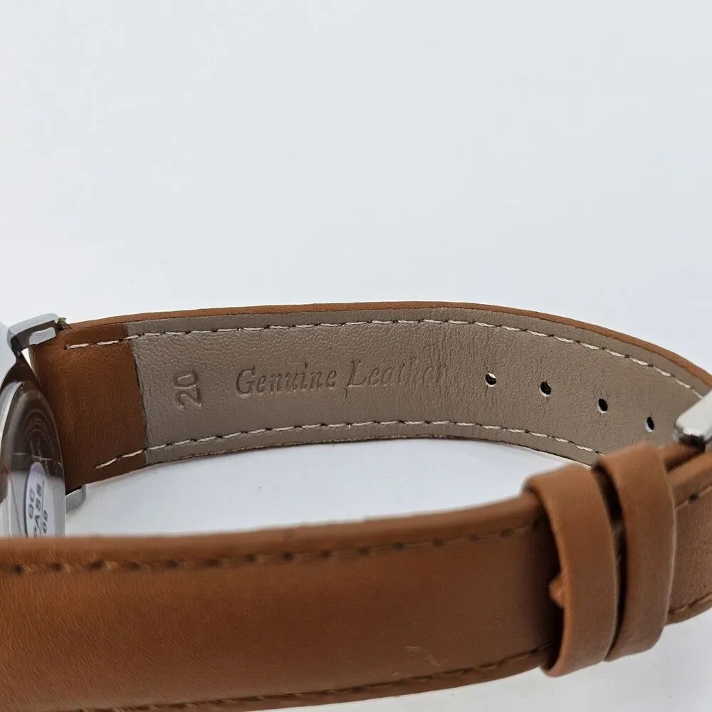 Men's Watch Minimalist 40MM Gray Case Blue Dial Date Light‎ Brown Leather Straps